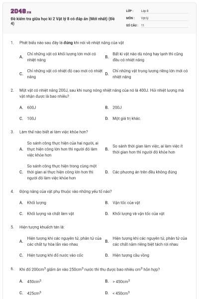 Đề kiểm tra giữa học kì 2 Vật lý 8 có đáp án (Mới nhất) (Đề 4)