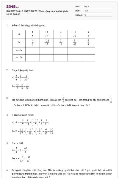 Giải SBT Toán 6 KNTT Bài 25. Phép cộng và phép trừ phân số có đáp án