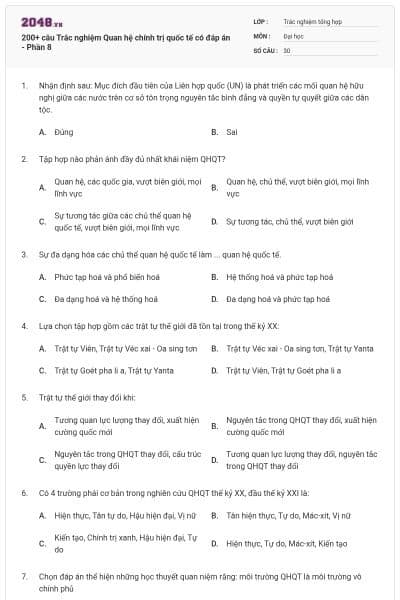 200+ câu Trắc nghiệm Quan hệ chính trị quốc tế có đáp án - Phần 8