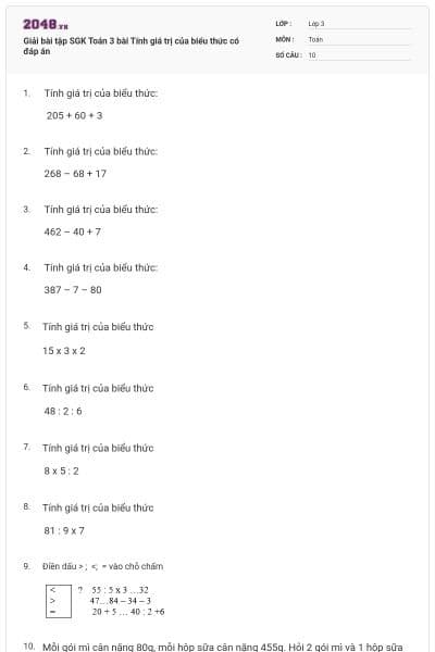 Giải bài tập SGK Toán 3 bài Tính giá trị của biểu thức có đáp án