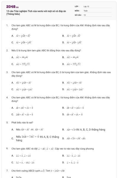 13 câu Trắc nghiệm Tích của vectơ với một số có đáp án (Thông hiểu)