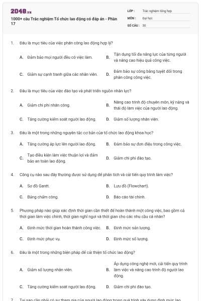 1000+ câu Trắc nghiệm Tổ chức lao động có đáp án - Phần 17