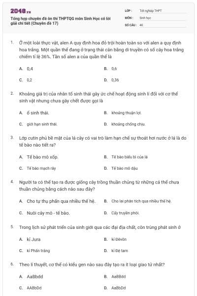 Tổng hợp chuyên đề ôn thi THPTQG môn Sinh Học có lời giải chi tiết (Chuyên đề 17)