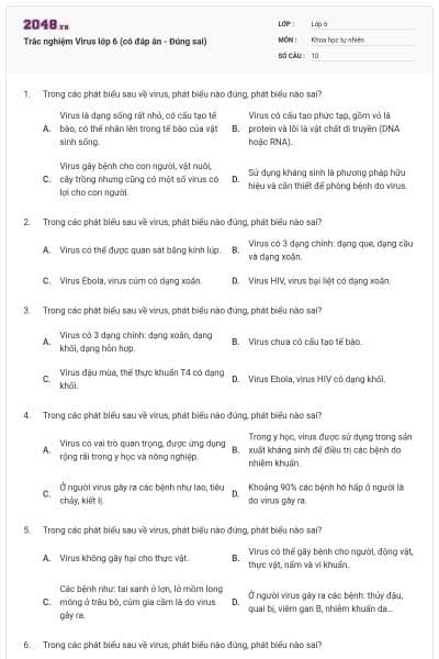 Trắc nghiệm Virus lớp 6 (có đáp án - Đúng sai)