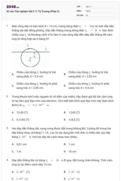 82 câu Trắc nghiệm Vật lí 11 Từ Trường (Phần 3)