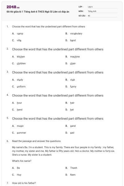 Đề thi giữa kì 1 Tiếng Anh 6 THCS Ngô Sĩ Liên có đáp án
