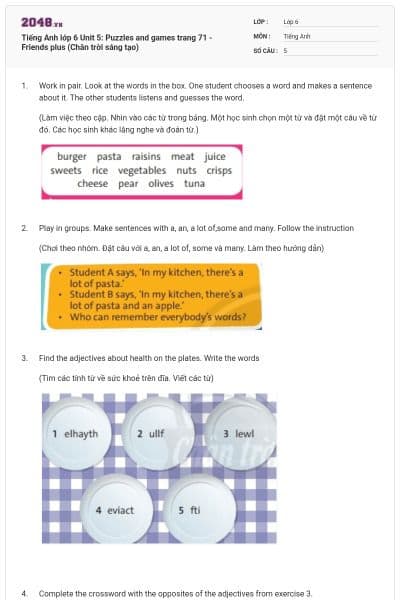 Tiếng Anh lớp 6 Unit 5: Puzzles and games trang 71 - Friends plus (Chân trời sáng tạo)