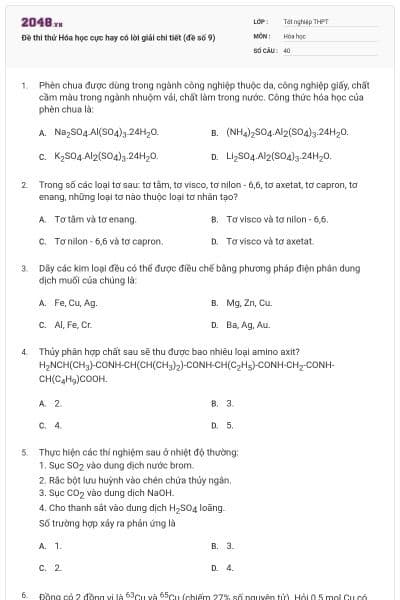 Đề thi thử Hóa học cực hay có lời giải chi tiết (đề số 9)