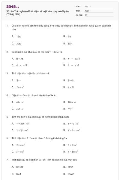 30 câu Trắc nghiệm Khái niệm về mặt tròn xoay có đáp án (Thông hiểu)
