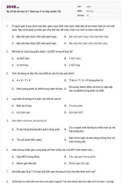 Bộ 20 đề thi Học kì 1 Sinh học 9 có đáp án(Đề 18)