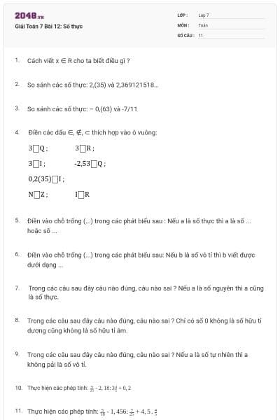 Giải Toán 7 Bài 12: Số thực