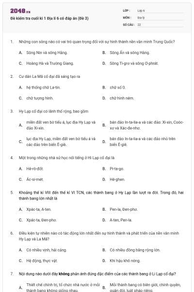 Đề kiểm tra cuối kì 1 Địa lí 6 có đáp án (Đề 3)