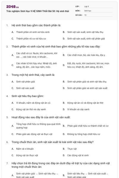 Trắc nghiệm Sinh Học 9 HỆ SINH THÁI Bài 50: Hệ sinh thái