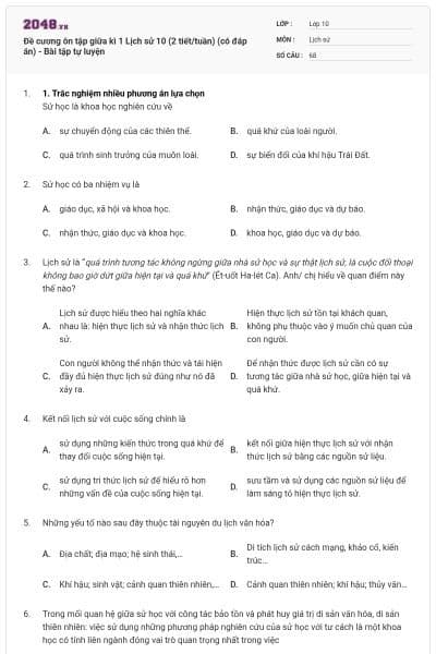 Đề cương ôn tập giữa kì 1 Lịch sử 10 (2 tiết/tuần) (có đáp án) - Bài tập tự luyện