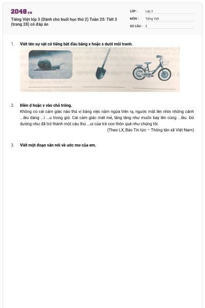 Tiếng Việt lớp 3 (Dành cho buổi học thứ 2) Tuần 25: Tiết 3 (trang 28) có đáp án