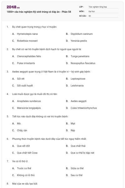 1800+ câu trắc nghiệm Ký sinh trùng có đáp án - Phần 58