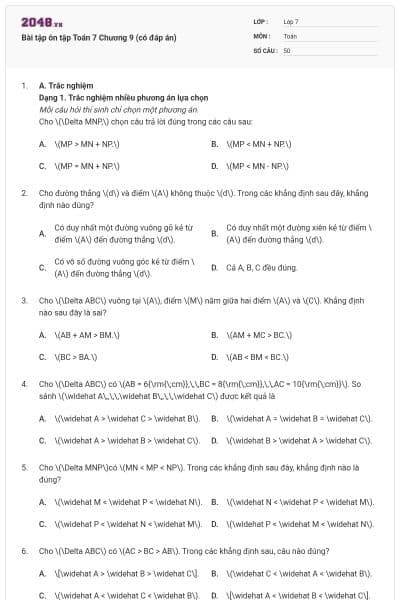 Bài tập ôn tập Toán 7 Chương 9 (có đáp án)