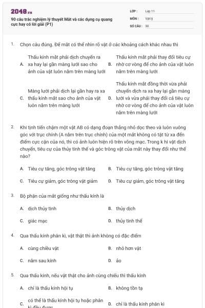 90 câu trắc nghiệm lý thuyết Mắt và các dụng cụ quang cực hay có lời giải (P1)