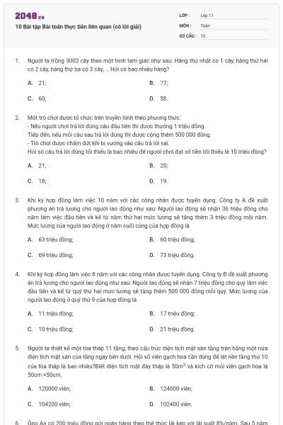 10 Bài tập Bài toán thực tiễn liên quan (có lời giải)
