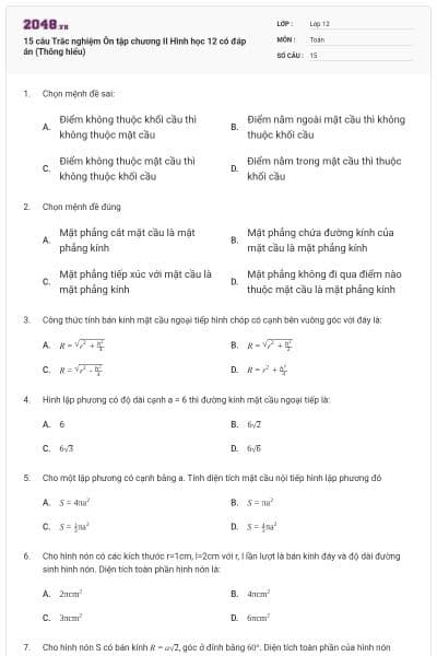 15 câu Trắc nghiệm Ôn tập chương II Hình học 12 có đáp án (Thông hiểu)
