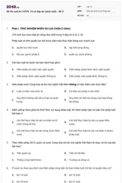 Đề thi cuối kì 2 KTPL 10 có đáp án (sách mới) - Đề 3