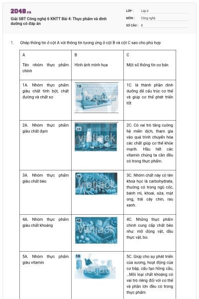 Giải SBT Công nghệ 6 KNTT Bài 4: Thực phẩm và dinh dưỡng có đáp án