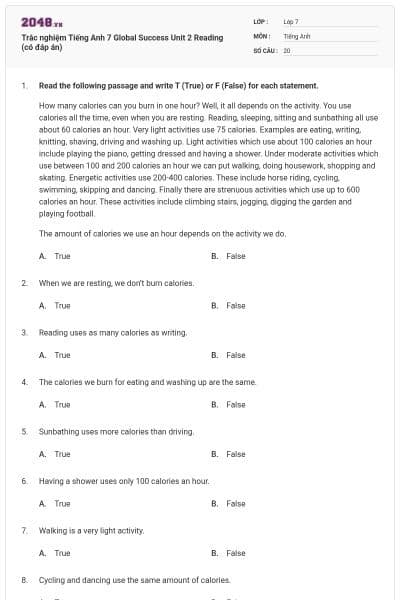Trắc nghiệm Tiếng Anh 7 Global Success Unit 2 Reading (có đáp án)