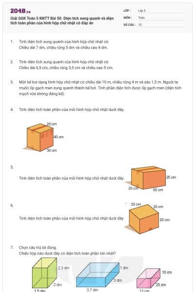 Giải SGK Toán 5 KNTT Bài 50. Diện tích xung quanh và diện tích toàn phần của hình hộp chữ nhật có đáp án