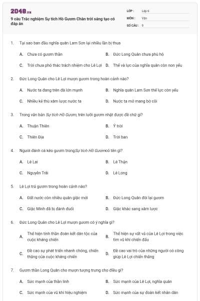 9 câu Trắc nghiệm Sự tích Hồ Gươm Chân trời sáng tạo có đáp án
