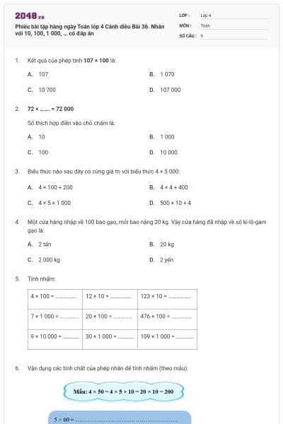 Phiếu bài tập hàng ngày Toán lớp 4 Cánh diều Bài 36. Nhân với 10, 100, 1 000, … có đáp án