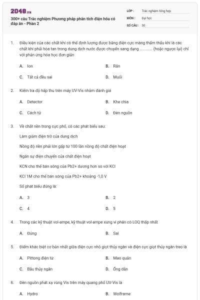 300+ câu Trắc nghiệm Phương pháp phân tích điện hóa có đáp án - Phần 2