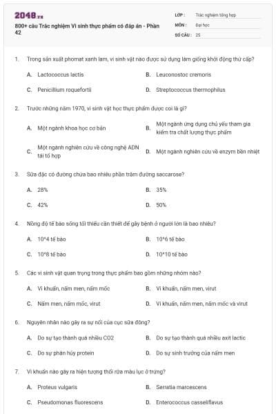 800+ câu Trắc nghiệm Vi sinh thực phẩm có đáp án - Phần 42