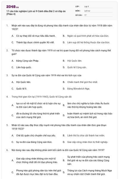 17 câu trắc nghiệm Lịch sử 9 Cánh diều Bài 2 có đáp án (Phần 4)