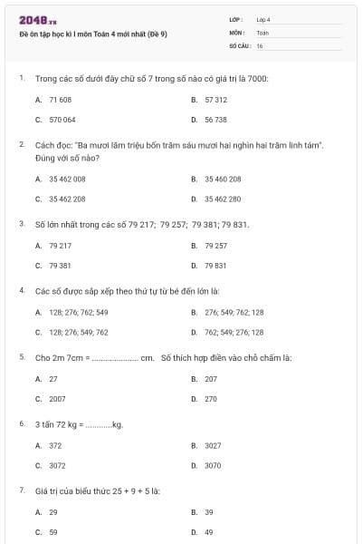 Đề ôn tập học kì I môn Toán 4 mới nhất (Đề 9)