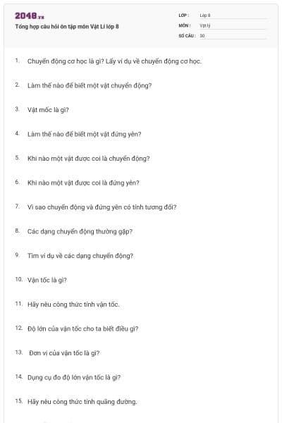 Tổng hợp câu hỏi ôn tập môn Vật Lí lớp 8