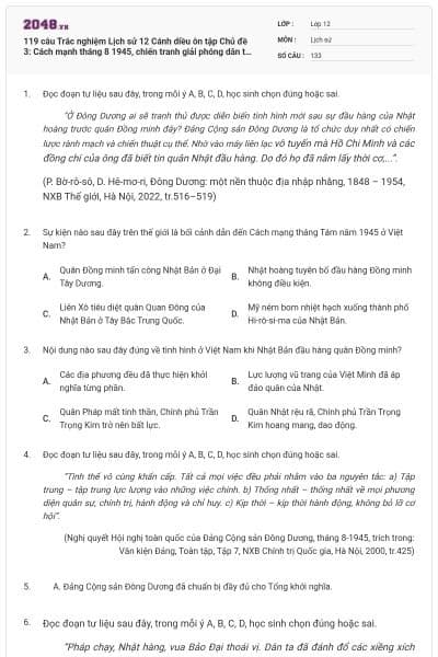 119 câu Trắc nghiệm Lịch sử 12 Cánh diều ôn tập Chủ đề 3: Cách mạnh tháng 8 1945, chiến tranh giải phóng dân tộc và chiến tranh bảo vệ tổ quốc trong lịch sử Việt Nam (Từ  tháng 8 năm 1945 đến nay) có đáp án