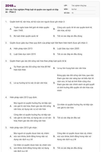 50+ câu Trắc nghiệm Pháp luật về quyền con người có đáp án - Phần 2