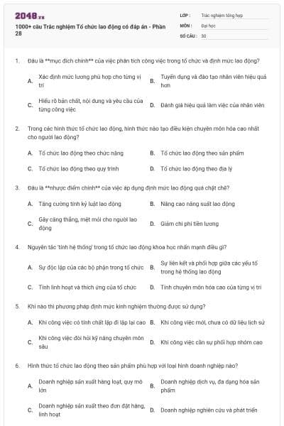 1000+ câu Trắc nghiệm Tổ chức lao động có đáp án - Phần 28
