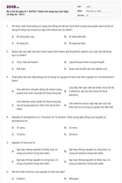 Bộ 4 đề thi giữa kì 1 KHTN 7 Chân trời sáng tạo (nối tiếp) có đáp án - Đề 4