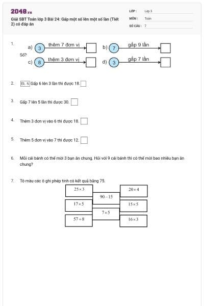 Giải SBT Toán lớp 3 Bài 24: Gấp một số lên một số lần (Tiết 2) có đáp án