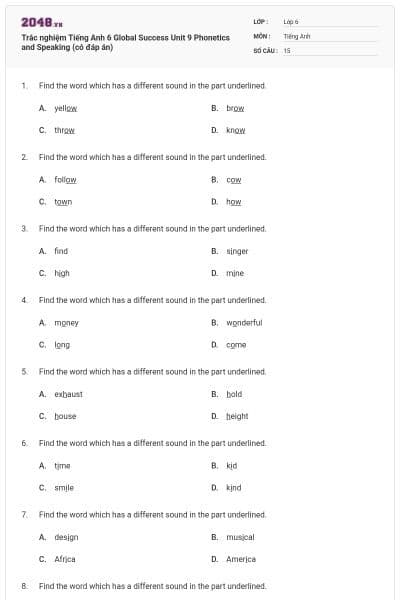Trắc nghiệm Tiếng Anh 6 Global Success Unit 9 Phonetics and Speaking (có đáp án)