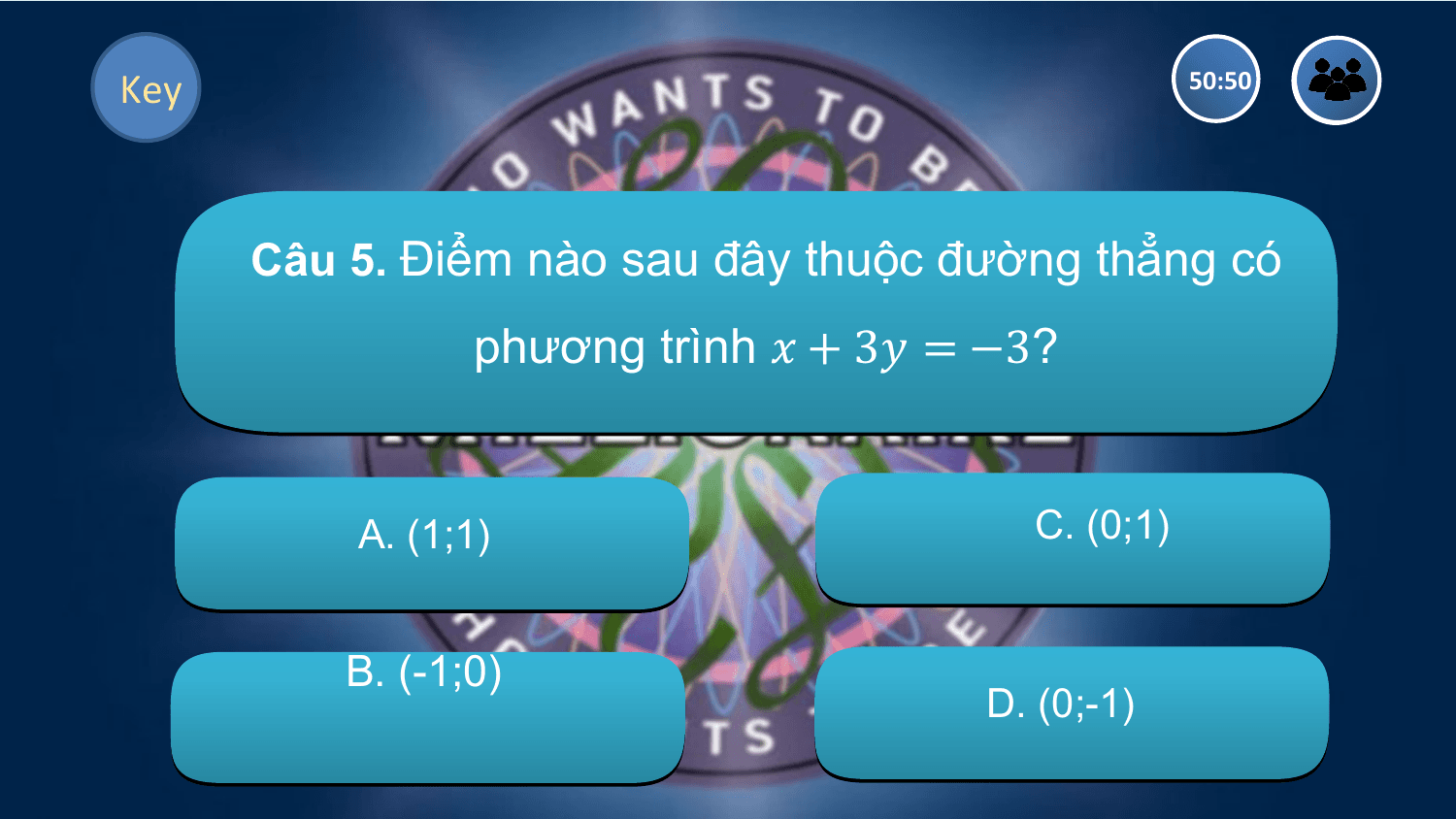 Key 50:50

 Câu 5. Điểm nào sau đây thuộc đường thẳng có
 phương trình ? + 3? = −3?

 A. (1;1) C. (0;1)

 B. (-1;0)
 D. (0;-1)