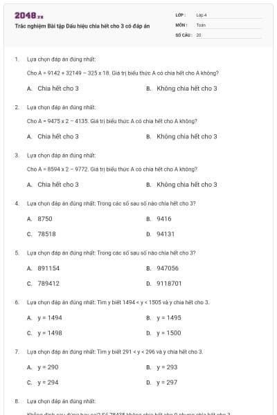 Trắc nghiệm Bài tập Dấu hiệu chia hết cho 3 có đáp án