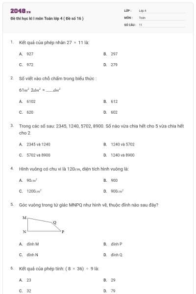 Đề thi học kì I môn Toán lớp 4 ( Đề số 16 )