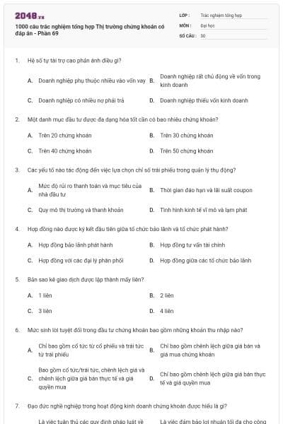 1000 câu trắc nghiệm tổng hợp Thị trường chứng khoán có đáp án - Phần 69