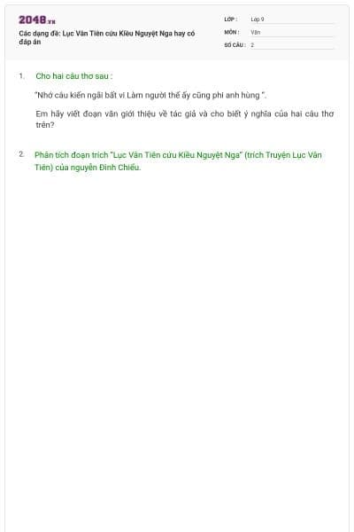 Các dạng đề: Lục Vân Tiên cứu Kiều Nguyệt Nga hay có đáp án