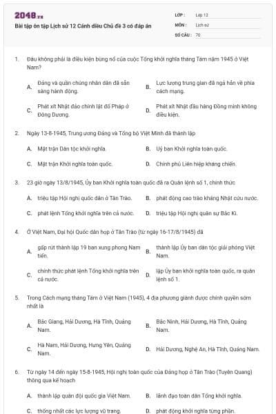 Bài tập ôn tập Lịch sử 12 Cánh diều Chủ đề 3 có đáp án