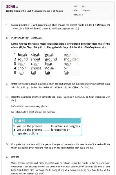 Bài tập Tiếng anh 7 Unit 2 Language focus 2 có đáp án