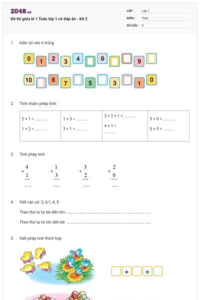 Đề thi giữa kì 1 Toán lớp 1 có đáp án - Đề 2