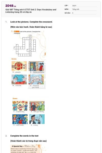 Giải SBT Tiếng anh 6 CTST Unit 2: Days Vocabulary and Listening trang 20 có đáp án